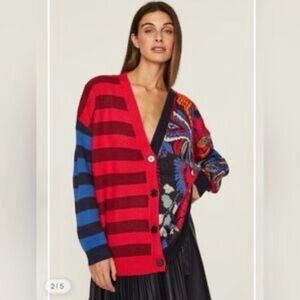 Farm Rio Vintage Forest Striped Floral Patchwork Oversized Knit Cardigan Sweater